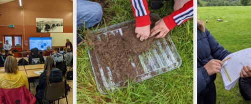 snapshots of stakeholder engagement work. A classroom, fieldwork using soil and survey work.