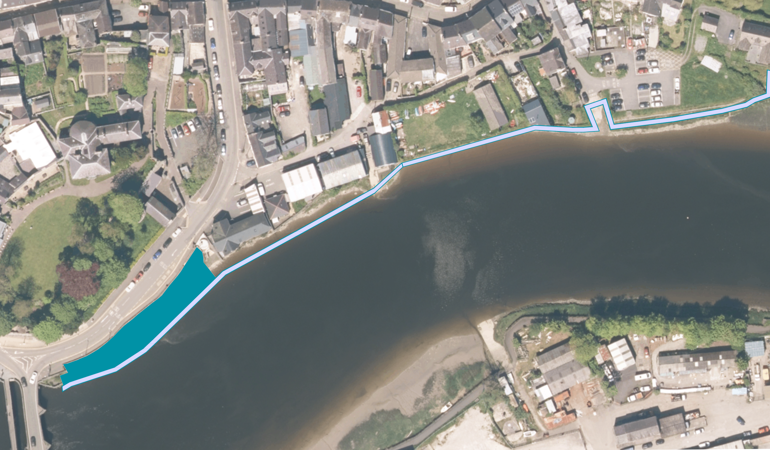 A map showing the indicative placement of the proposed flood wall in Cardigan